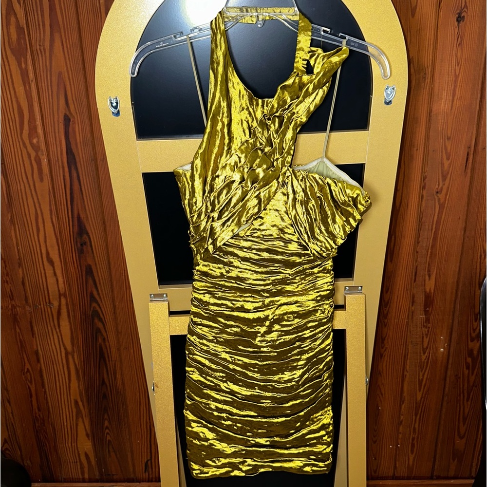 Nicole Miller Ruched Olive Gold Cocktail Dress NWT